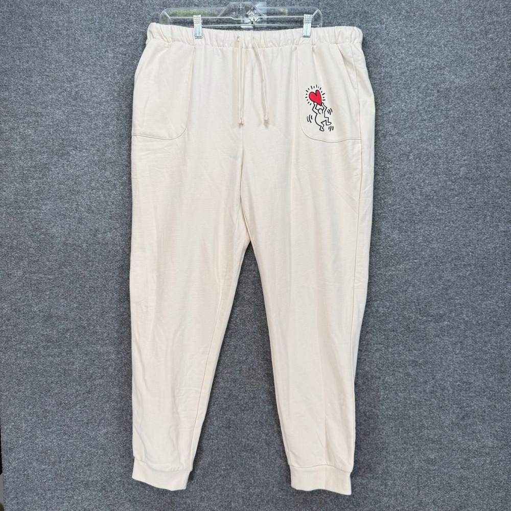 Keith‎ Haring Joggers Adult XL Cream Heart Graphic Sweatpants Loungewear Mens